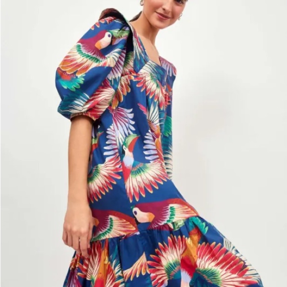 Farm Rio dress toucan print  bright cotton puffy sleeve tired midi NWOT L